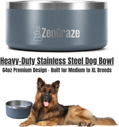 Slow Feeder Dog Bowl with Premium Lick Mat Lid | Heavy Duty Stainless Steel Dog Bowls | Silicone Slow Feeder Insert | Non-Slip & Durable | 64 oz | Medium to XL Dogs (Steel Gray)