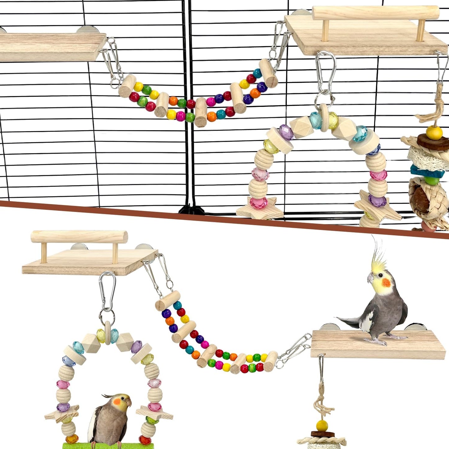 5-in-1 Parakeet Toys Set: Detachable Bird Playground with Wooden Perch, Swing, Ladder, & Platform Cage Accessories for Cockatiel, Conure, Lovebird, Budgie, Finch