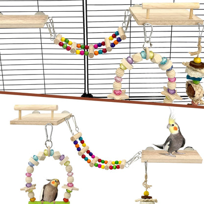 5-in-1 Parakeet Toys Set: Detachable Bird Playground with Wooden Perch, Swing, Ladder, & Platform Cage Accessories for Cockatiel, Conure, Lovebird, Budgie, Finch