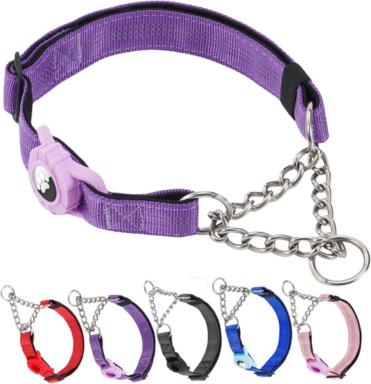 Cymiler Martingale Dog Collar with AirTag Holder, Reflective Nylon Training Collar, Stainless Steel Chain, Heavy Duty Buckle, Limited Slip Collars for Small Medium Large Dogs (Purple, Large)