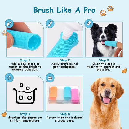 4-Pack Silicone Dog Finger Toothbrush, 360° Dog Tooth Brushing Kit, High-Efficiency Teeth Cleaning, Pet-Friendly Finger Toothbrush, Complimentary Travel Case