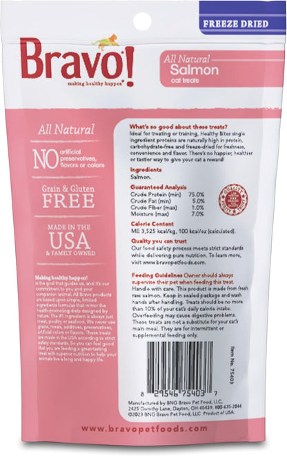 Bravo! Healthy Bites Single Ingredient Freeze Dried Raw Cat Treats, Salmon, 1 Ounce, High Protein, Grain Free, Gluten Free (Pack of 3)