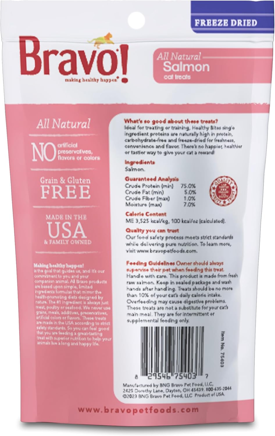 Bravo! Healthy Bites Single Ingredient Freeze Dried Raw Cat Treats, Salmon, 1 Ounce, High Protein, Grain Free, Gluten Free (Pack of 3)