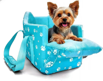 Cullaby Center Console Dog Car Seat for Small Dogs Under 15lbs,Detachable Washable Booster Pet Car Seat Travel Bed with Storage Pockets and Seat Belt(Blue)