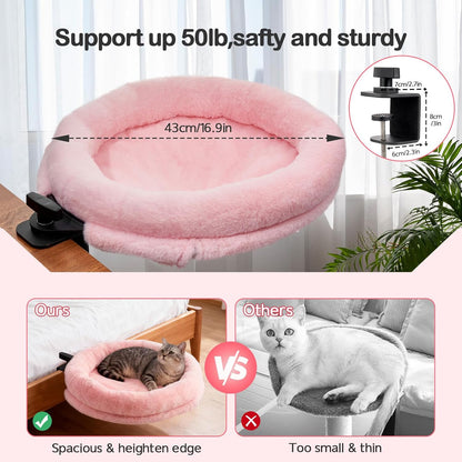 Odoland Large Cat Desk Bed - Cat Perch Clamp for Home Workers - 360 Rotating Desktop Hammock with Replace Mattress for Winter Summer - Hold UP to 50LBS for Kitten Adult Cats Small Pet, Pink