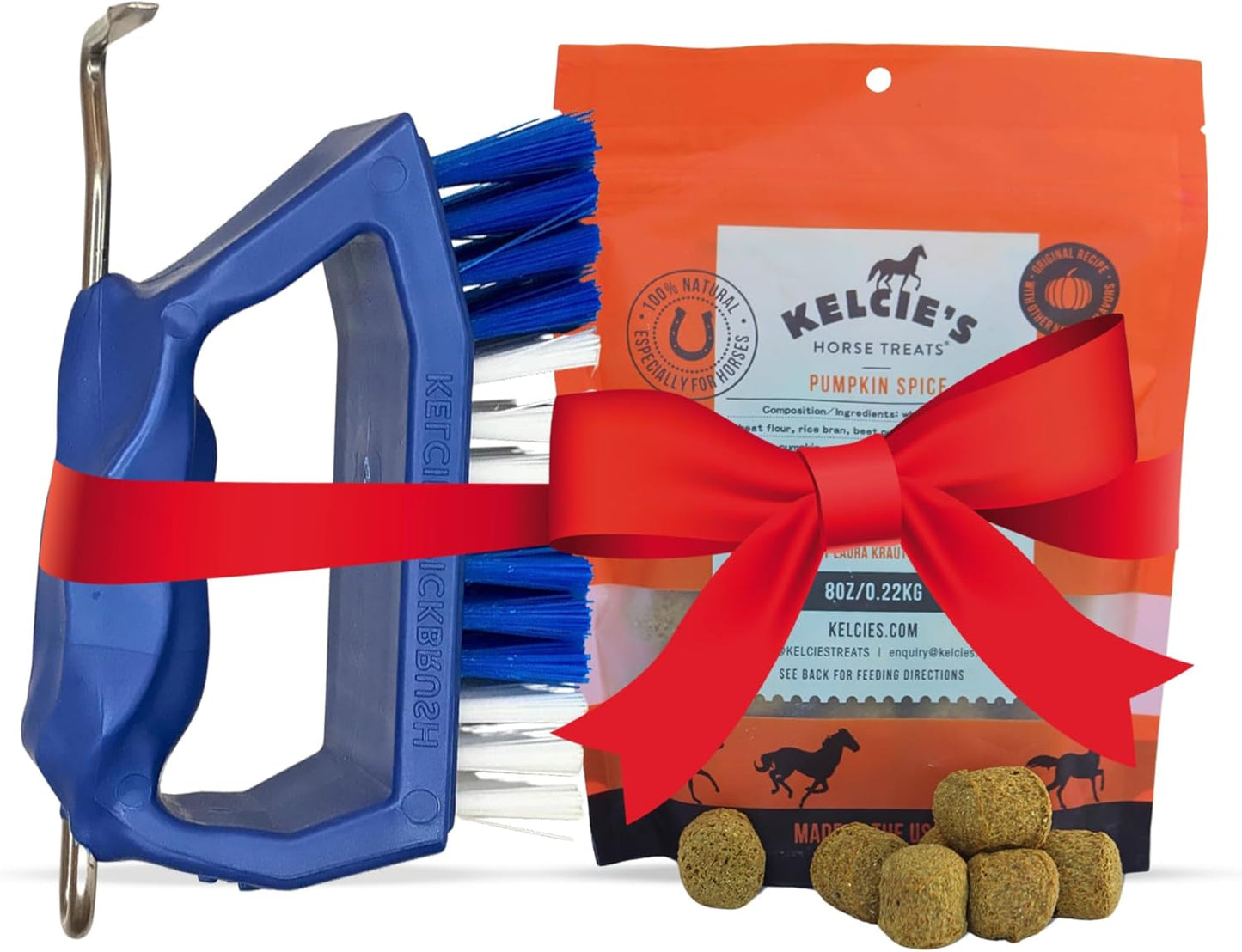 Kelcie’s Horse Care Essentials Bundle - Pumpkin Spice Horse Treats (8 oz) + Hoof Pick Brush Grooming Tool | Healthy Treats & Easy Hoof Cleaning