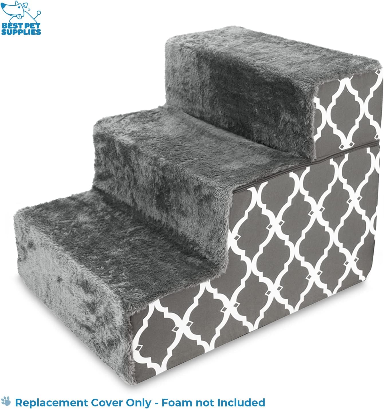 Best Pet Supplies Non-Slip Foam Dog Stair & Pet Ramp, Balanced Indoor Step Support - Foldable Stair Cover, Gray Lattice, 3-Step