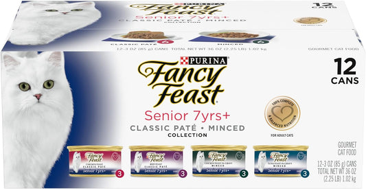 Purina Fancy Feast High Protein Senior Wet Cat Food Variety Pack, Senior 7+ Chicken, Beef & Tuna Feasts - (2 Packs of 12) 3 oz. Cans