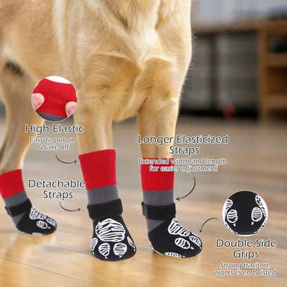 EXPAWLORER Christmas Anti Slip Dog Socks to Prevent Licking Paws, Dog Shoes for Cold Winter, Dog Booties for Hardwood Floors, Dog Boots & Paw Protectors for Small Medium Large Senior Dogs Red Black S