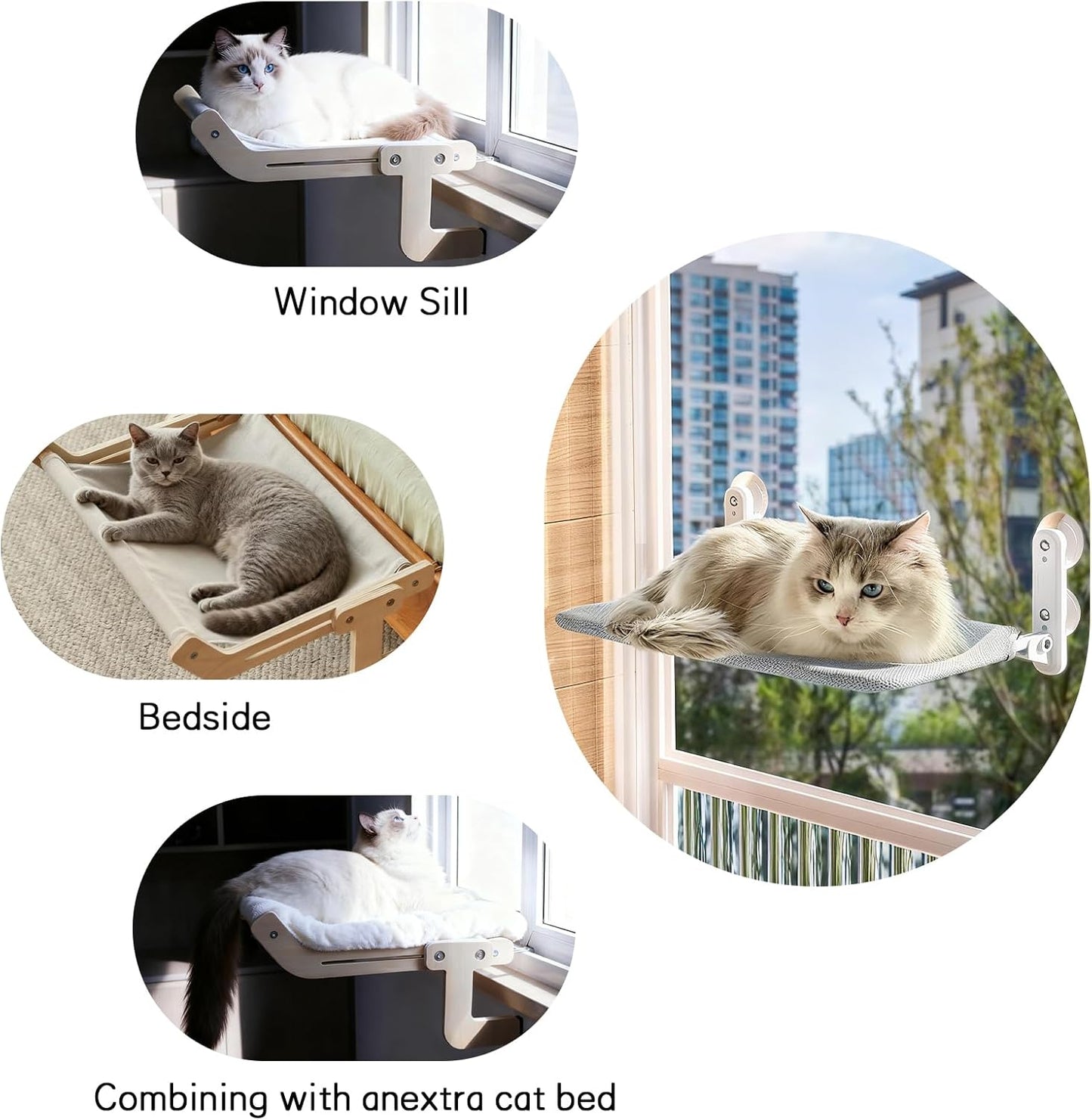 2PC Cat Window Perch Cordless Hammock Bed for Window with Metal Frame and Reversible Cover, Large Suction Cups Window Resting Seat for Indoor Cats (Cat Bed, M-2PC)