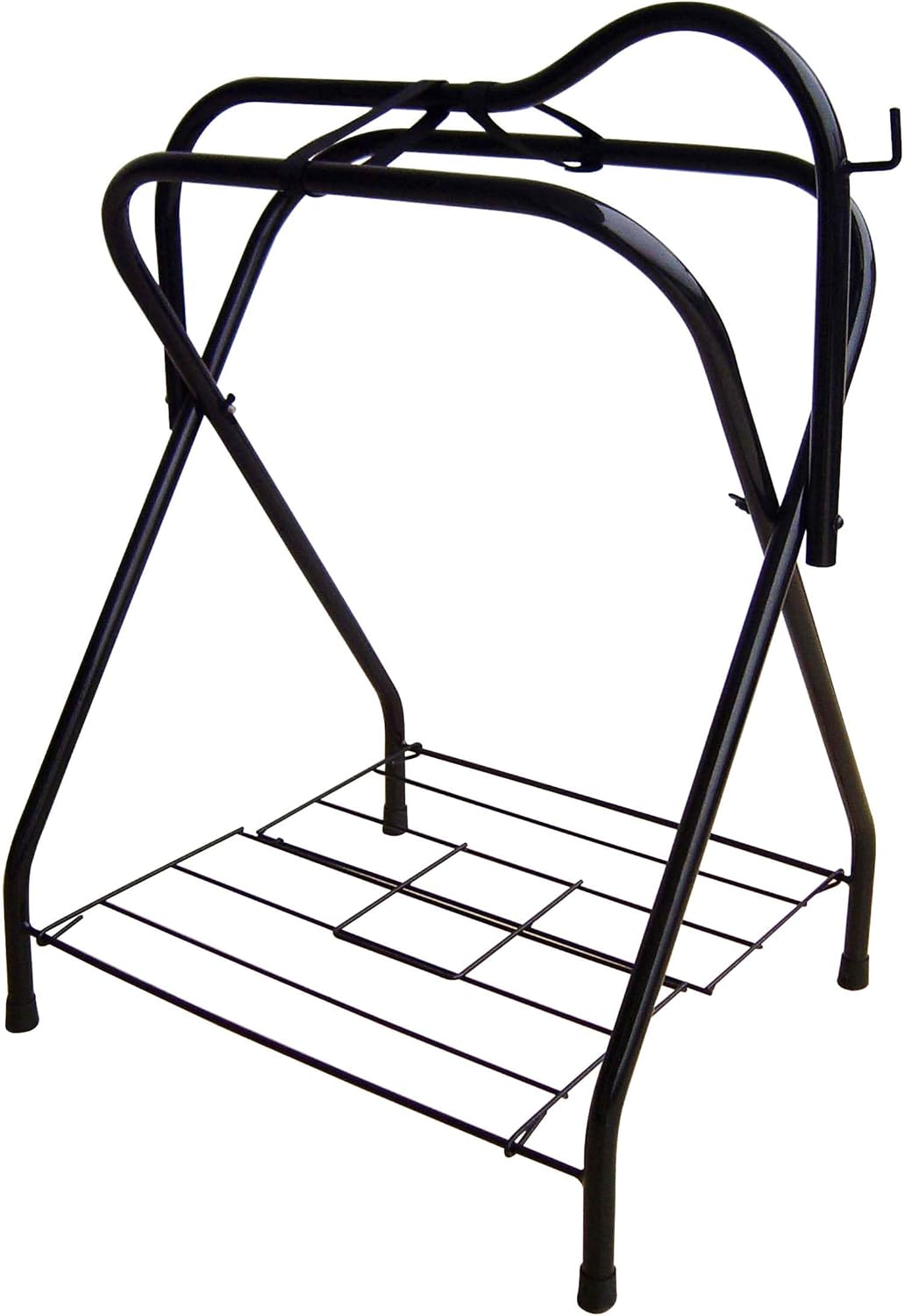Backyard Expressions Heavy-Duty Steel Saddle Rack with Storage Shelf – Freestanding Saddle Stand for English & Western Saddles – Stable, Foldable Design for Tack Rooms and Barns