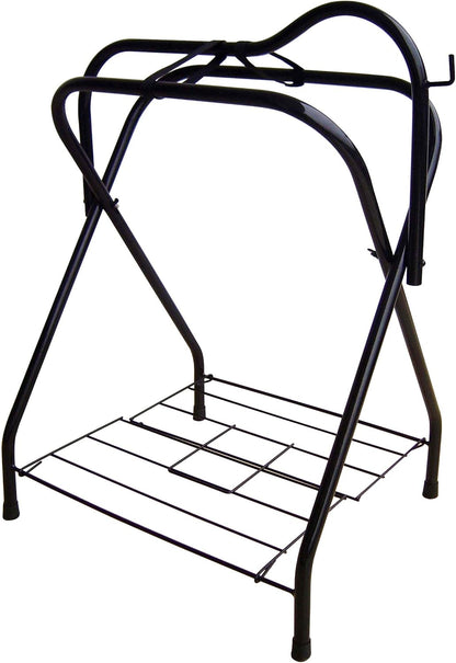 Backyard Expressions Heavy-Duty Steel Saddle Rack with Storage Shelf – Freestanding Saddle Stand for English & Western Saddles – Stable, Foldable Design for Tack Rooms and Barns