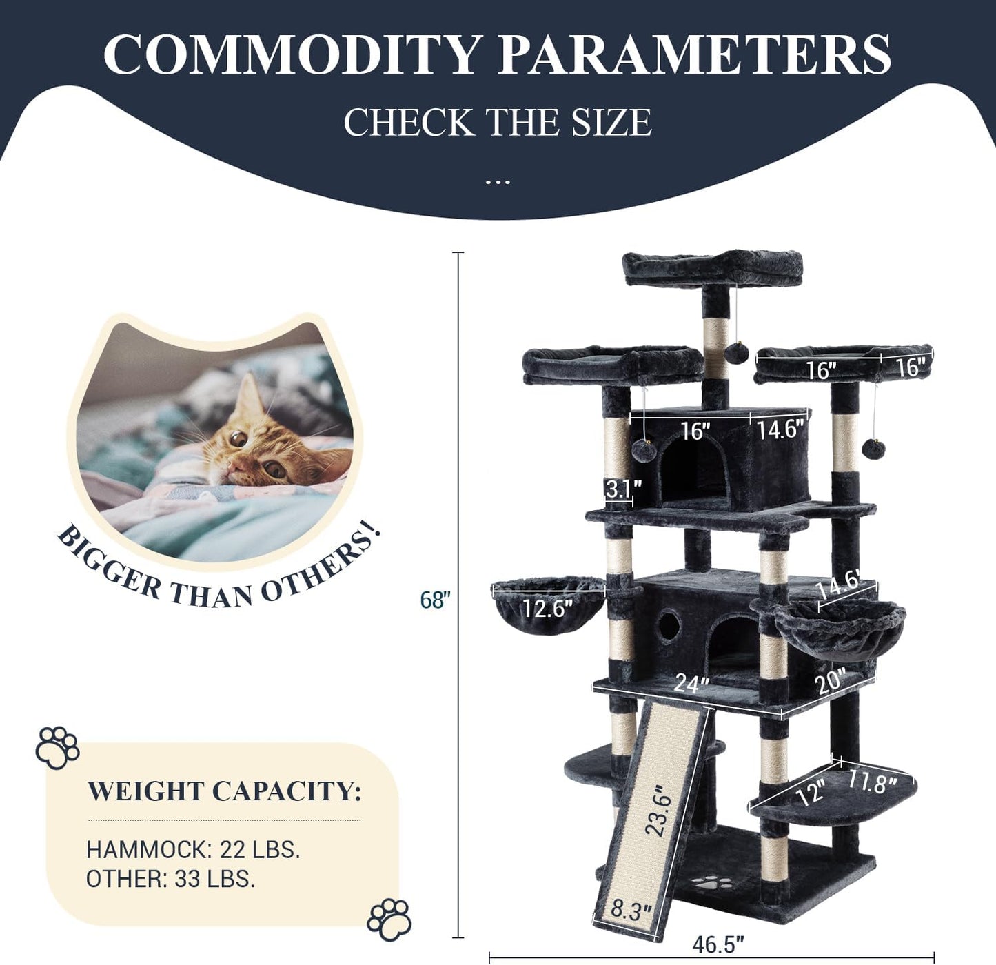 Allewie 68 Inches Cat Tree/House and Towers for Big Feline/Scratching Post/Multi-Level Large Kitty Climbing Tree with Condo/Smokey Grey