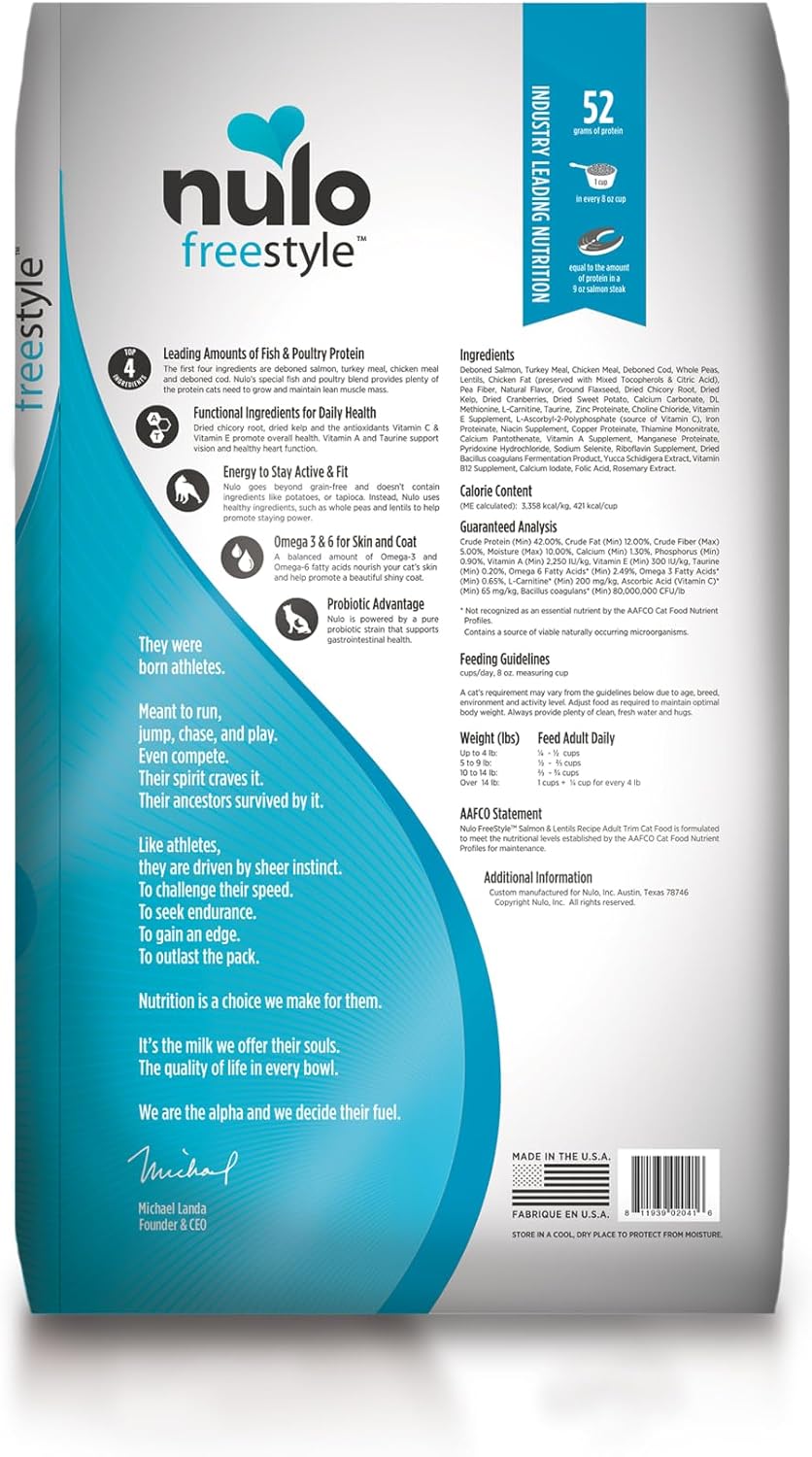 Nulo FreeStyle High Protein Trim Cat Food, Salmon & Lentils Recipe - Natural Grain-Free Dry Cat Food for Weight Management with l-Carnitine, Natural Fiber, & Probiotics, 14 lb Bag