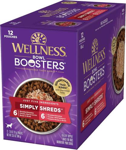 Wellness Bowl Boosters Simply Shreds Wet Dog Food Topper for Small, Medium, & Large Breeds, Grain Free, Natural, Chicken Variety Pack, 2.8 Ounce Pouch (Pack of 12)