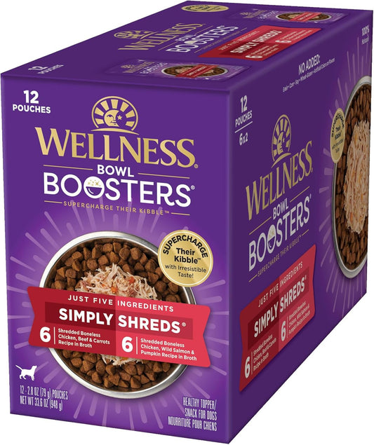 Wellness Bowl Boosters Simply Shreds Wet Dog Food Topper for Small, Medium, & Large Breeds, Grain Free, Natural, Chicken Variety Pack, 2.8 Ounce Pouch (Pack of 12)
