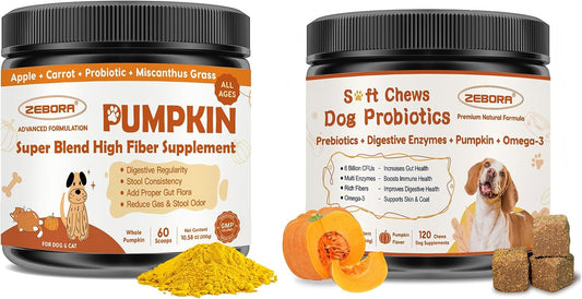 ZEBORA Pumpkin Powder for Dogs & Probiotics Soft Chews for Dogs, Pumpkin Flavor