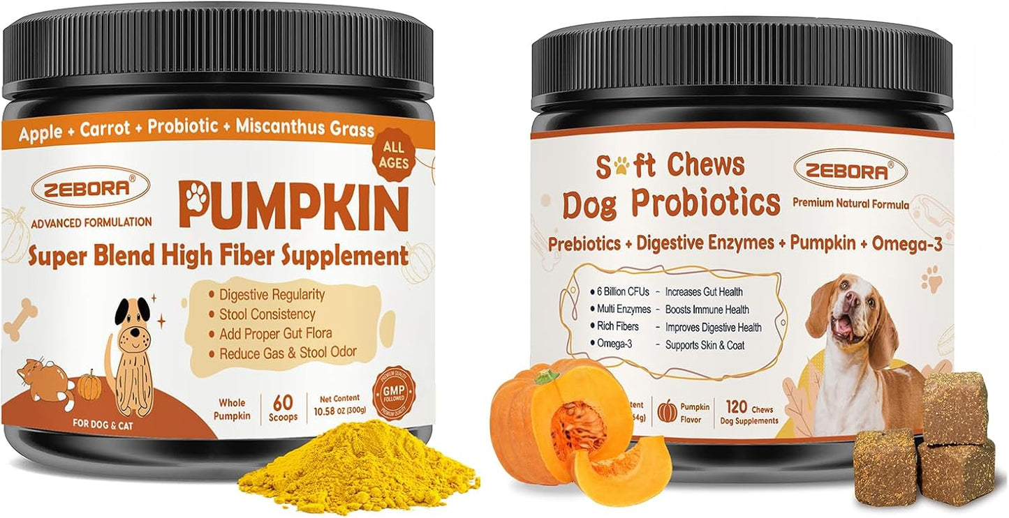 ZEBORA Pumpkin Powder for Dogs & Probiotics Soft Chews for Dogs, Pumpkin Flavor