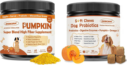 ZEBORA Pumpkin Powder for Dogs & Probiotics Soft Chews for Dogs, Pumpkin Flavor