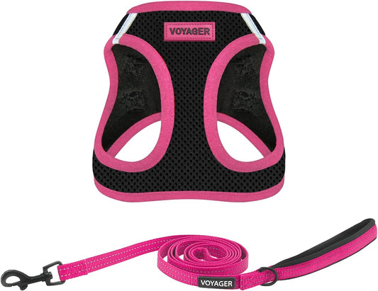 Best Pet Supplies Voyager Step-in Air All Weather Mesh Harness and Reflective Dog 5 ft Leash Combo with Neoprene Handle, for Small, Medium and Large Breed Puppies - Black/Pink Trim, X-Large