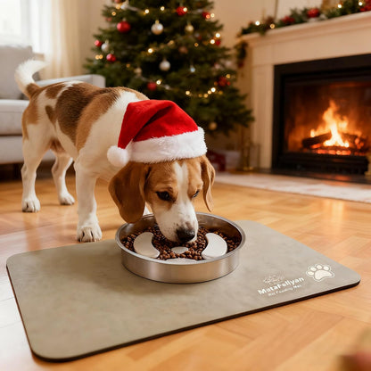 Slow Feeder Dog Bowl with Waterproof & Non-Slip Ultra Absorbent Food Mat(19.68''×11.8''), Non-Slip&Dual-Layer Stainless Steel 2 Cups Capacity Dog Bowl Fast Eaters & Slows Down Pets Essentials Gift