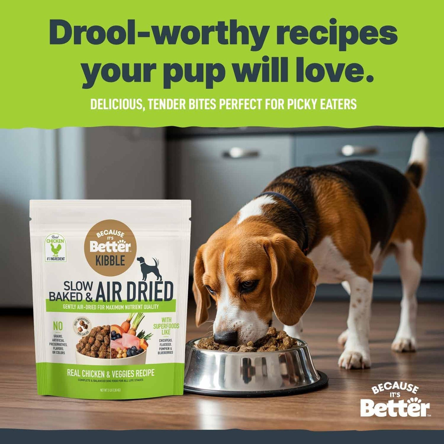 Because It's Better Slow Baked and Air Dried Dog Food, Real Chicken and Veggies, 3lb Bag, Complete and Balanced Dry Dog Food, for All Life Stages