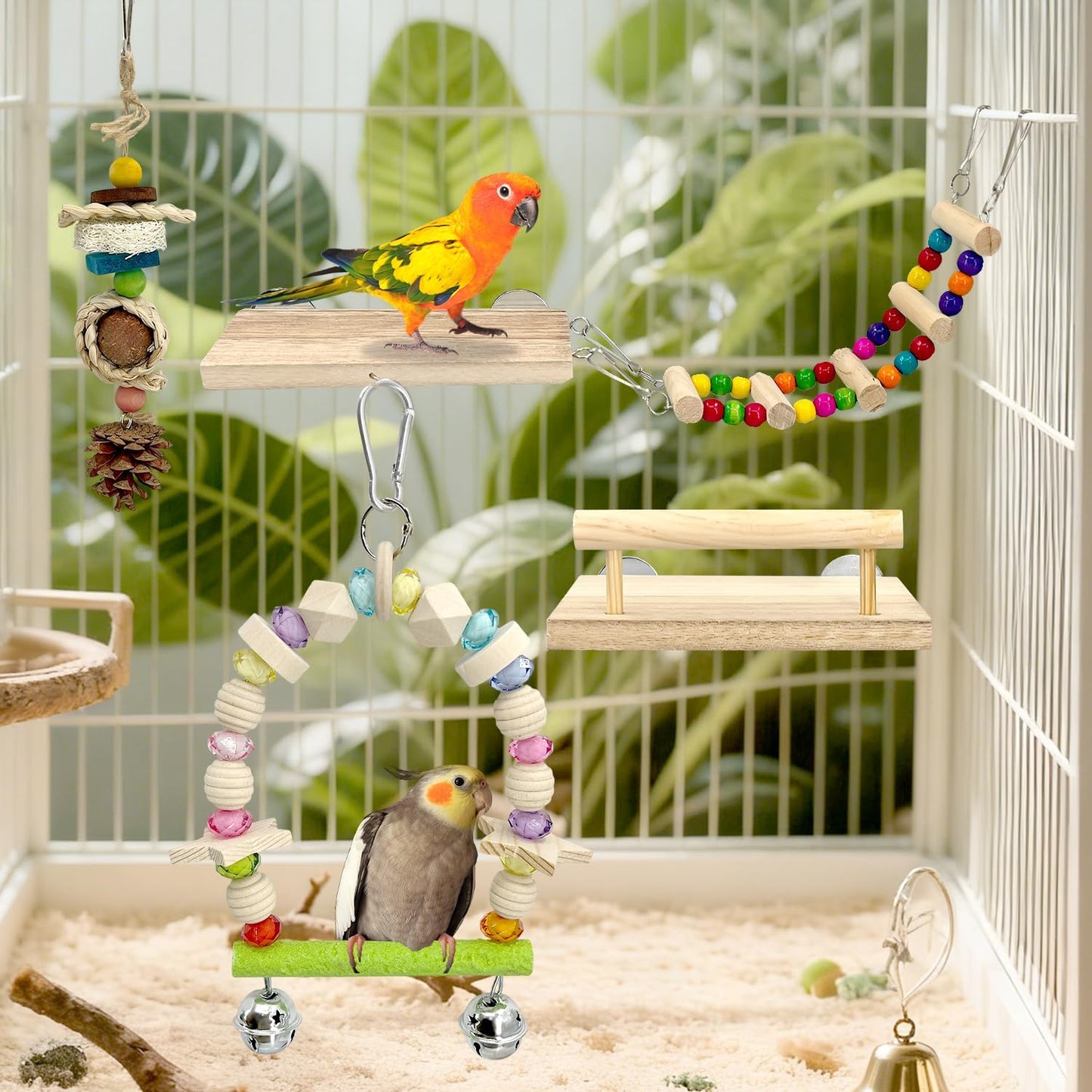 5-in-1 Parakeet Toys Set: Detachable Bird Playground with Wooden Perch, Swing, Ladder, & Platform Cage Accessories for Cockatiel, Conure, Lovebird, Budgie, Finch