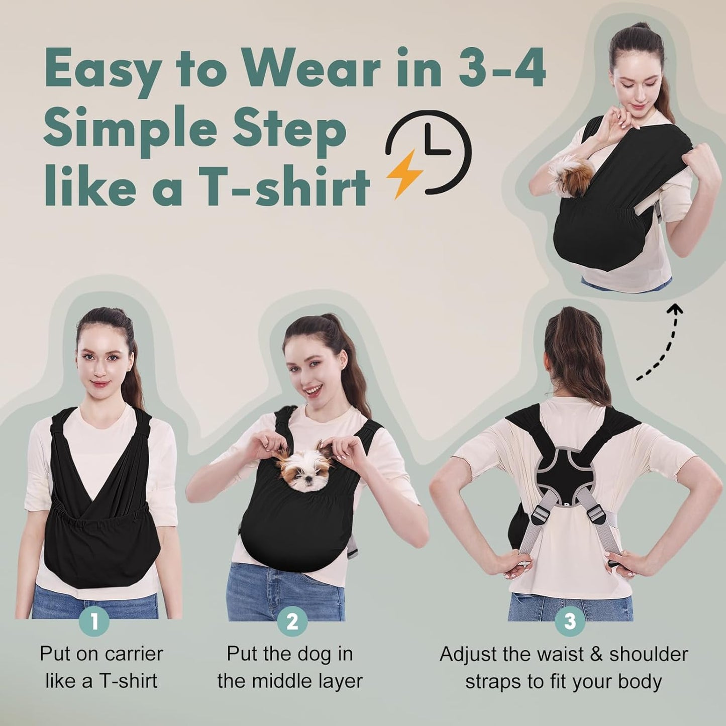 Supet Dog Sling Carrier for Small Pets, Hands Free Cat Sling, Reducing Back Neck Pain Anti-Anxiety Puppy Front, Adjustable Soft Dog Carrying (Black, Plus)