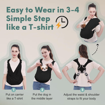 Supet Dog Sling Carrier for Small Pets, Hands Free Cat Sling, Reducing Back Neck Pain Anti-Anxiety Puppy Front, Adjustable Soft Dog Carrying (Black, Plus)