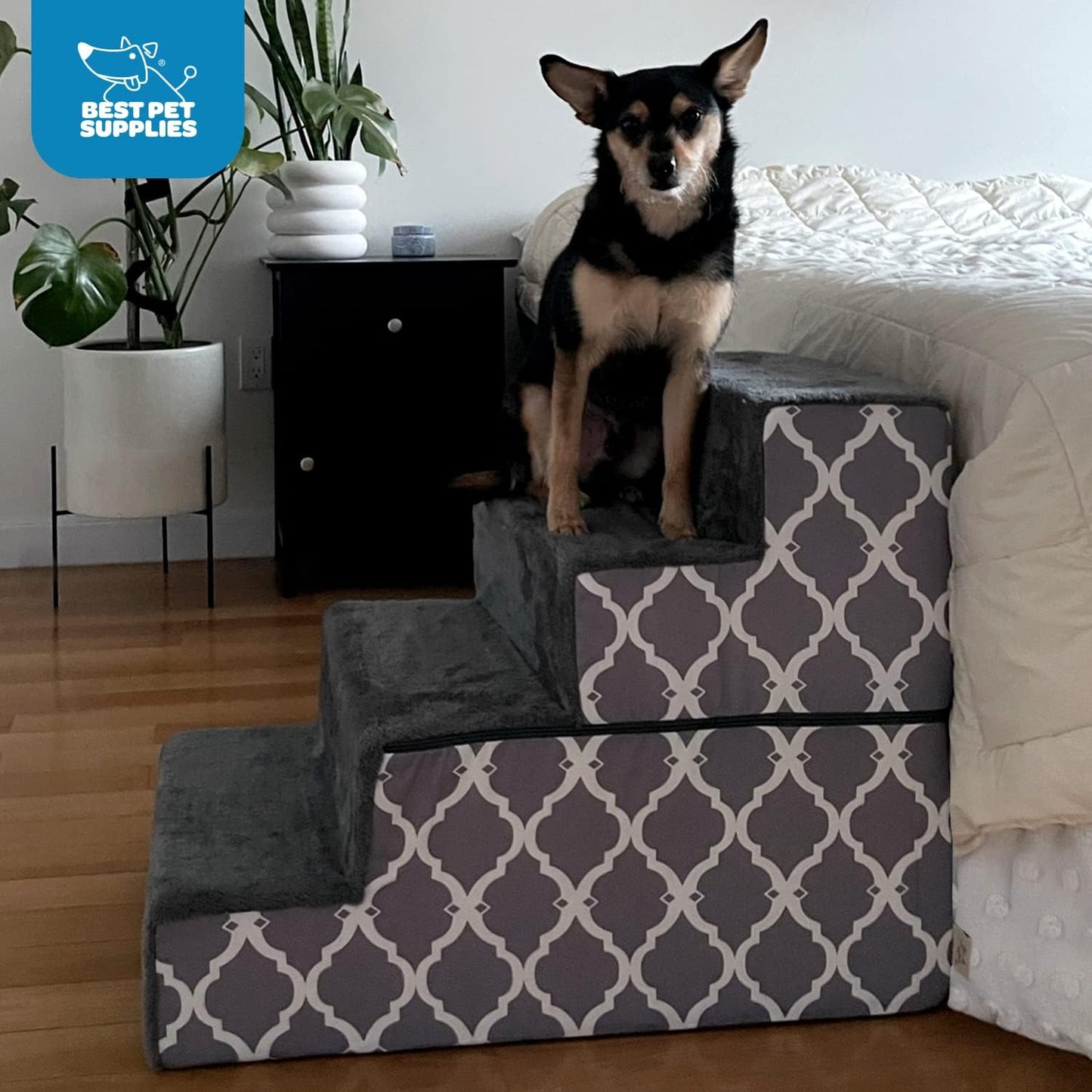 Best Pet Supplies Foldable Foam Pet Steps for Small Dogs and Cats, Portable Ramp Stairs for Couch, Sofa, and High Bed Climbing, Non-Slip Balanced Step Support, Paw Safe - Gray Lattice, 4-Step (H: 22")