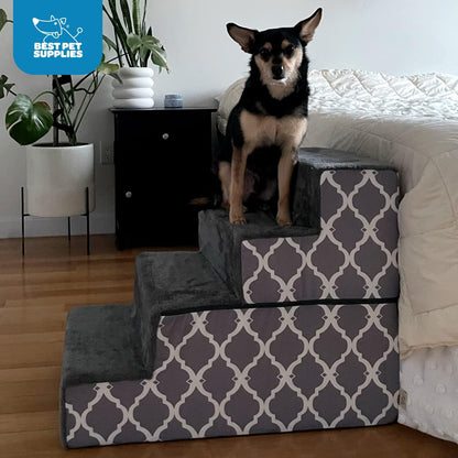 Best Pet Supplies Foldable Foam Pet Steps for Small Dogs and Cats, Portable Ramp Stairs for Couch, Sofa, and High Bed Climbing, Non-Slip Balanced Step Support, Paw Safe - Gray Lattice, 4-Step (H: 22")