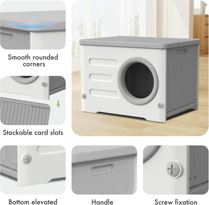 Plastic Cave-Style Cat House for Outdoor Indoor Use, Weatherproof&Insulated Feral Shelter Elevated Stackable Waterproof Cat House with Bed Cushion(Grey)