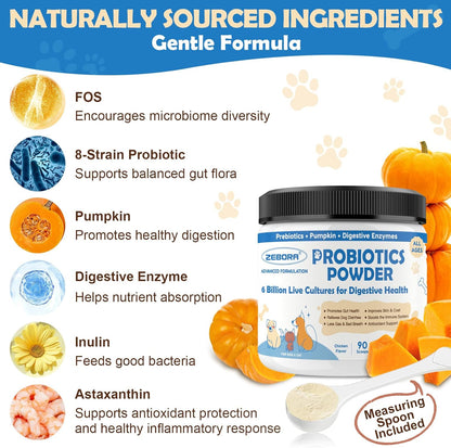 Dog Probiotics with Pumpkin, Prebiotics & Digestive Enzymes, 6 Billion CFU Dog Probiotic Powder for Digestive Health, Gut & Immune Health, Chicken Flavor, 89 Scoops