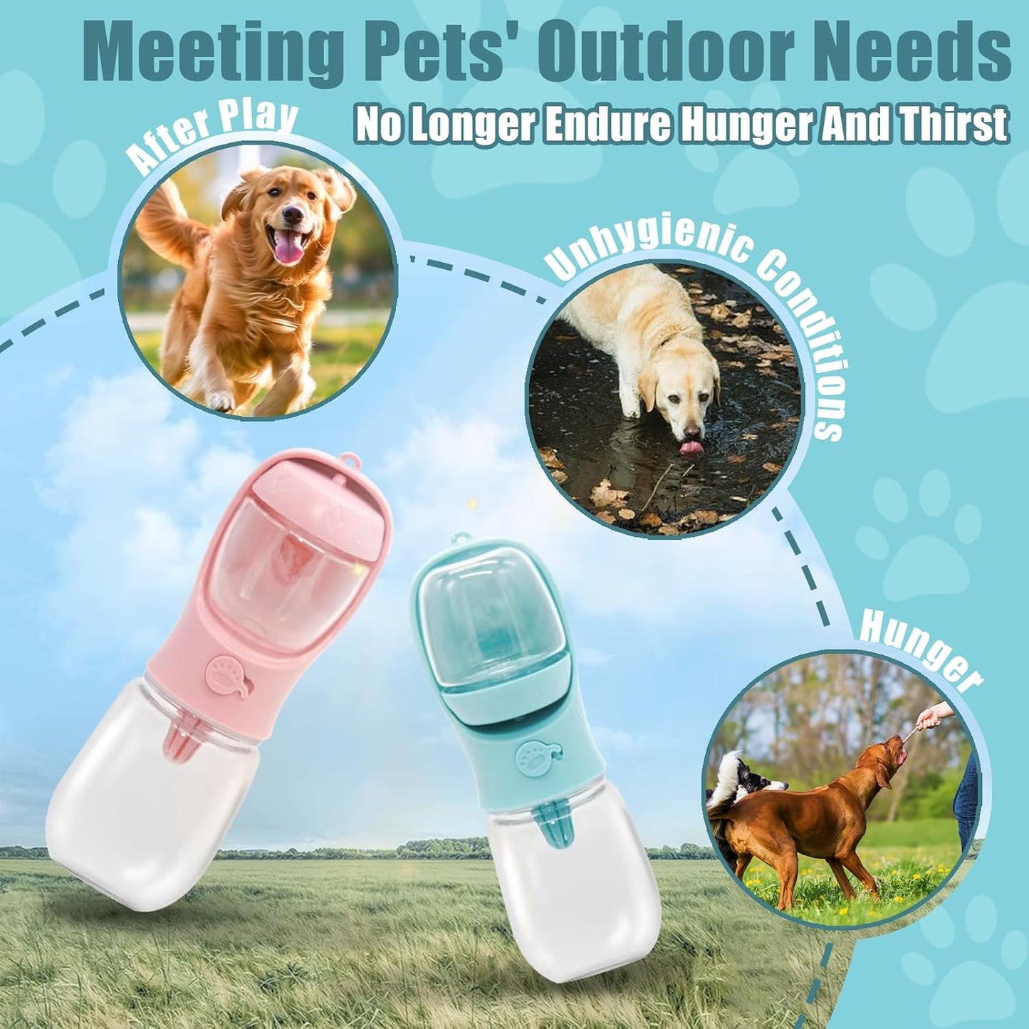 Bestac Portable 2-in-1 Pet Food & Water Feeder Leak-Proof Travel Bowl, Hiking & Walking Pet Water Dispenser (Pink, 350)