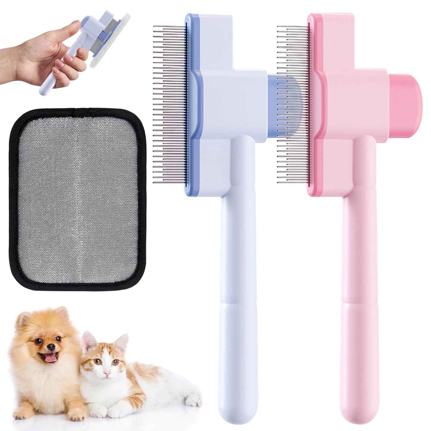 2 Pcs Self-Cleaning Flea Comb for Cats Dogs with Pet Hair Removal Glove – Dual Tooth and Gentle Cat Comb for Long/Short Hair – Ergonomic Zen Brush Cat Grooming/Nit Supplies