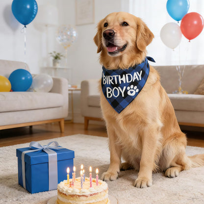 Dog Birthday Bandana, Blue Boy Dog Birthday Boy Bandana Blue Plaid Boys Pet Bandanas Dogs Birthdays Party Supplies for Small Medium Large Dogs Pets (Large)