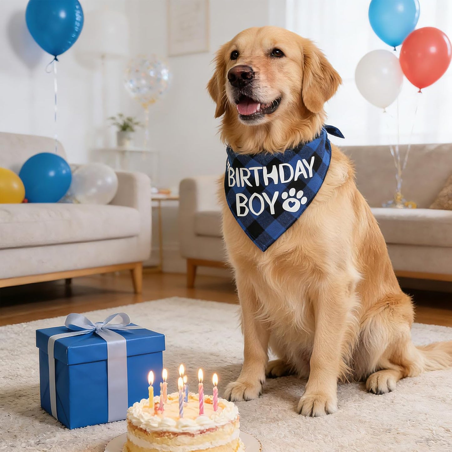 Dog Birthday Bandana, Blue Boy Dog Birthday Boy Bandana Blue Plaid Boys Pet Bandanas Dogs Birthdays Party Supplies for Small Medium Large Dogs Pets (Large)