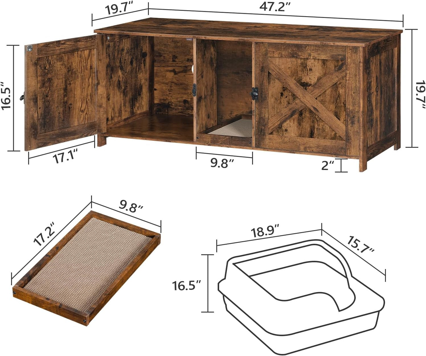 Cat Litter Box Enclosure and Freestanding Dog Gate Bundle, Hidden Litter Box Furniture with Double Room, 4-Panel Foldable Pet Gate with Support Feet, Indoor Use, CWHR1201-DGBK6101