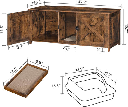 Cat Litter Box Enclosure and Freestanding Dog Gate Bundle, Hidden Litter Box Furniture with Double Room, 4-Panel Foldable Pet Gate with Support Feet, Indoor Use, CWHR1201-DGBK6101