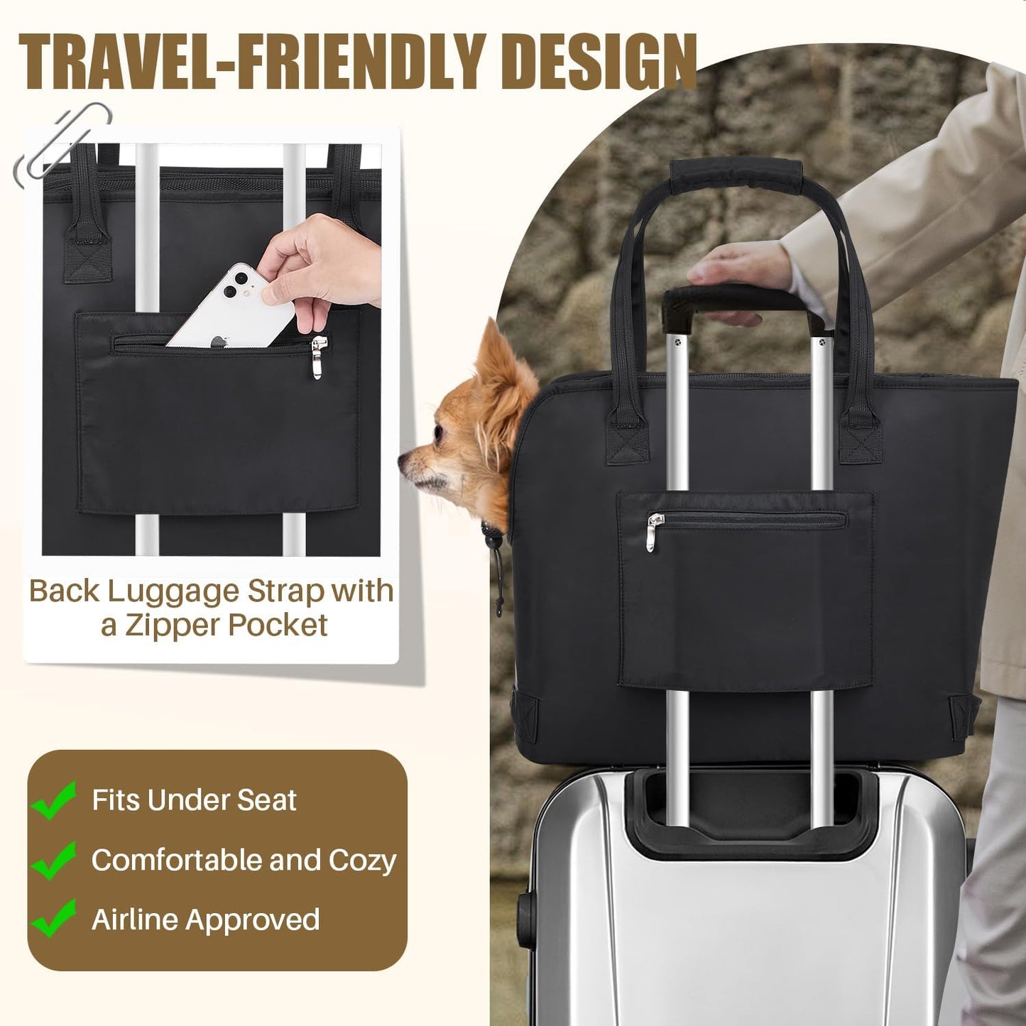 SlowTon Dog Purse Carrier - Portable Dog Carrier with Pockets & Safety Leash for Small Dogs Under 12 lbs, Breathable Pet Tote Bag for Cat Rabbit Outing, Travel, Vet (Black)