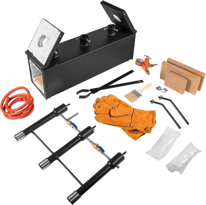 Triple Burners Portable Propane Gas Forge Three Burners 2700°F/1482℃ Large Capacity Square Forging Furnace for Blacksmithing Farrier Knife Tool Making Equipment with Tong & Gloves 2-Doors