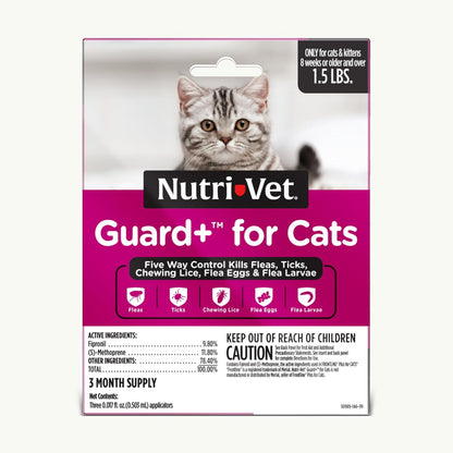 Nutri-Vet Guard+ for Cats, Flea and Tick Prevention Spot On Drops, Topical Treatment for Cats 1.5 lbs and Up, Waterproof Formula, 3 Monthly Doses, 90 Days of Protection