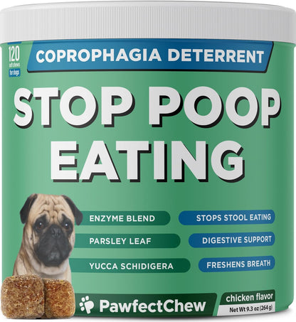 PAWFECTCHEW Coprophagia Deterrent for Dogs & Breath Aid Support - No Poo Chews for Dogs w/Probiotics, Digestive Enzymes Stop Dog Poop Eating - Stool Eating Deterrent - Made in USA - 120 Soft Chews