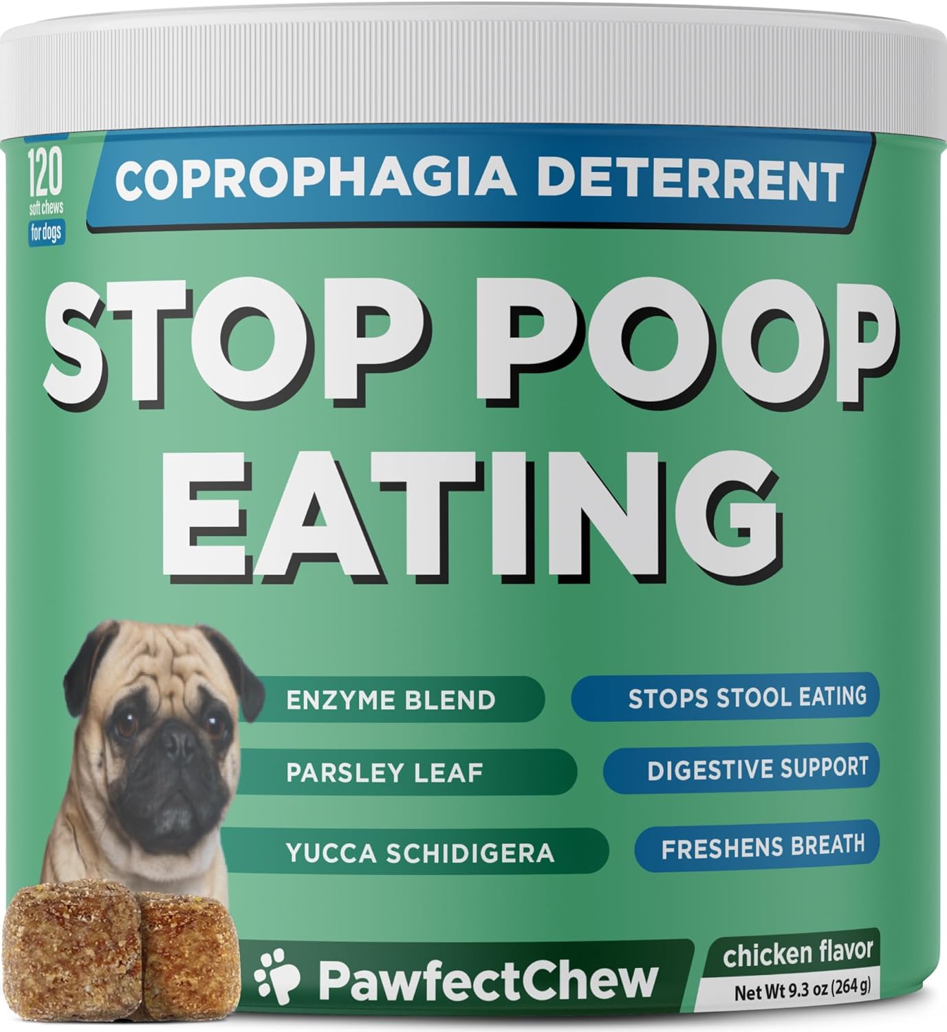 PAWFECTCHEW Coprophagia Deterrent for Dogs & Breath Aid Support - No Poo Chews for Dogs w/Probiotics, Digestive Enzymes Stop Dog Poop Eating - Stool Eating Deterrent - Made in USA - 120 Soft Chews
