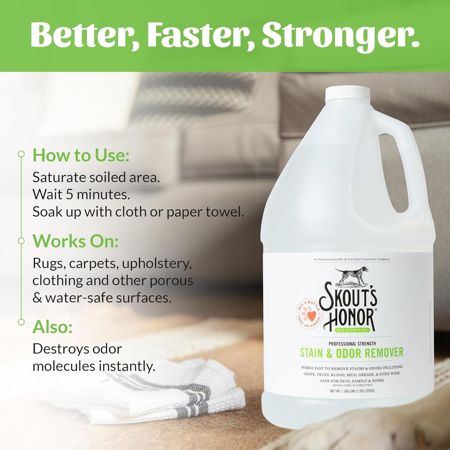 SKOUT'S HONOR Pet Stain and Odor Remover - Powerful Cleaner for Dog Urine, sweat, and other messes, Destroys and Removes Odor and Stain Molecules, Eco-Friendly Formula for Carpets and Home, 128oz