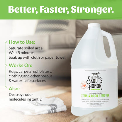 SKOUT'S HONOR Pet Stain and Odor Remover - Powerful Cleaner for Dog Urine, sweat, and other messes, Destroys and Removes Odor and Stain Molecules, Eco-Friendly Formula for Carpets and Home, 128oz
