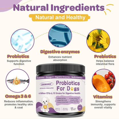 ZEBORA Probiotics for Dogs – 6 Billion CFUs & 10 Strains with Prebiotics, Omega 3 Fish Oil for Dogs Skin and Coat