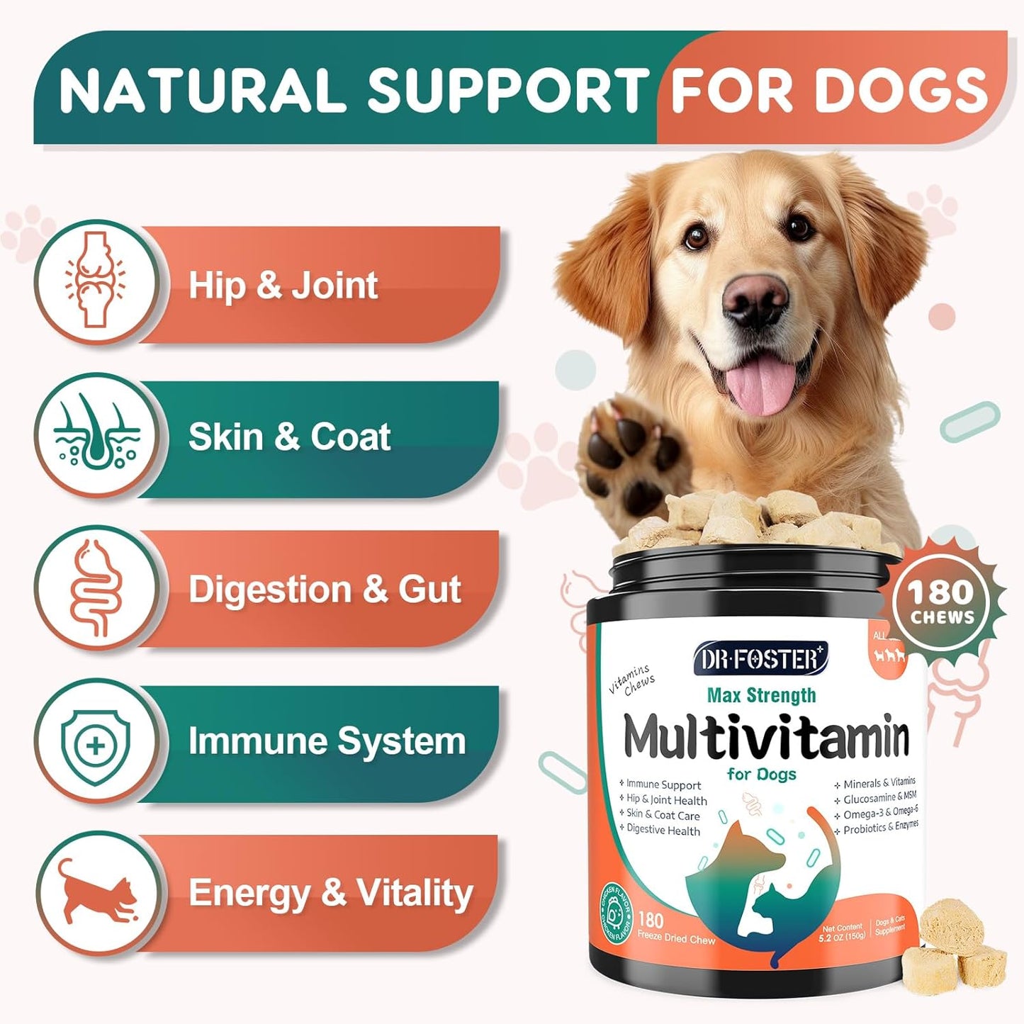Dog Multivitamin, Dog Vitamins and Supplements, Multivitamin for Dogs with Glucosamine, Probiotics & Omega 3 for Joint, Digestive, Skin, Coat and Immune Health, Chicken Flavor - 180 Bites