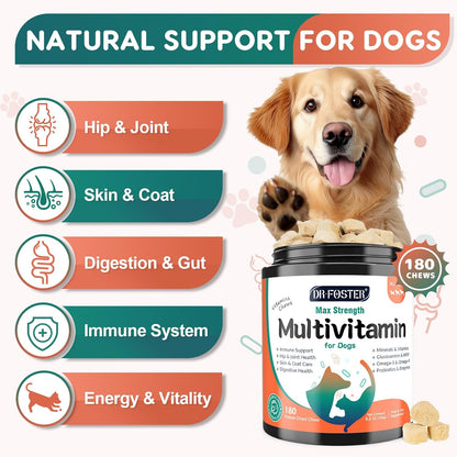 Dog Multivitamin, Dog Vitamins and Supplements, Multivitamin for Dogs with Glucosamine, Probiotics & Omega 3 for Joint, Digestive, Skin, Coat and Immune Health, Chicken Flavor - 180 Bites