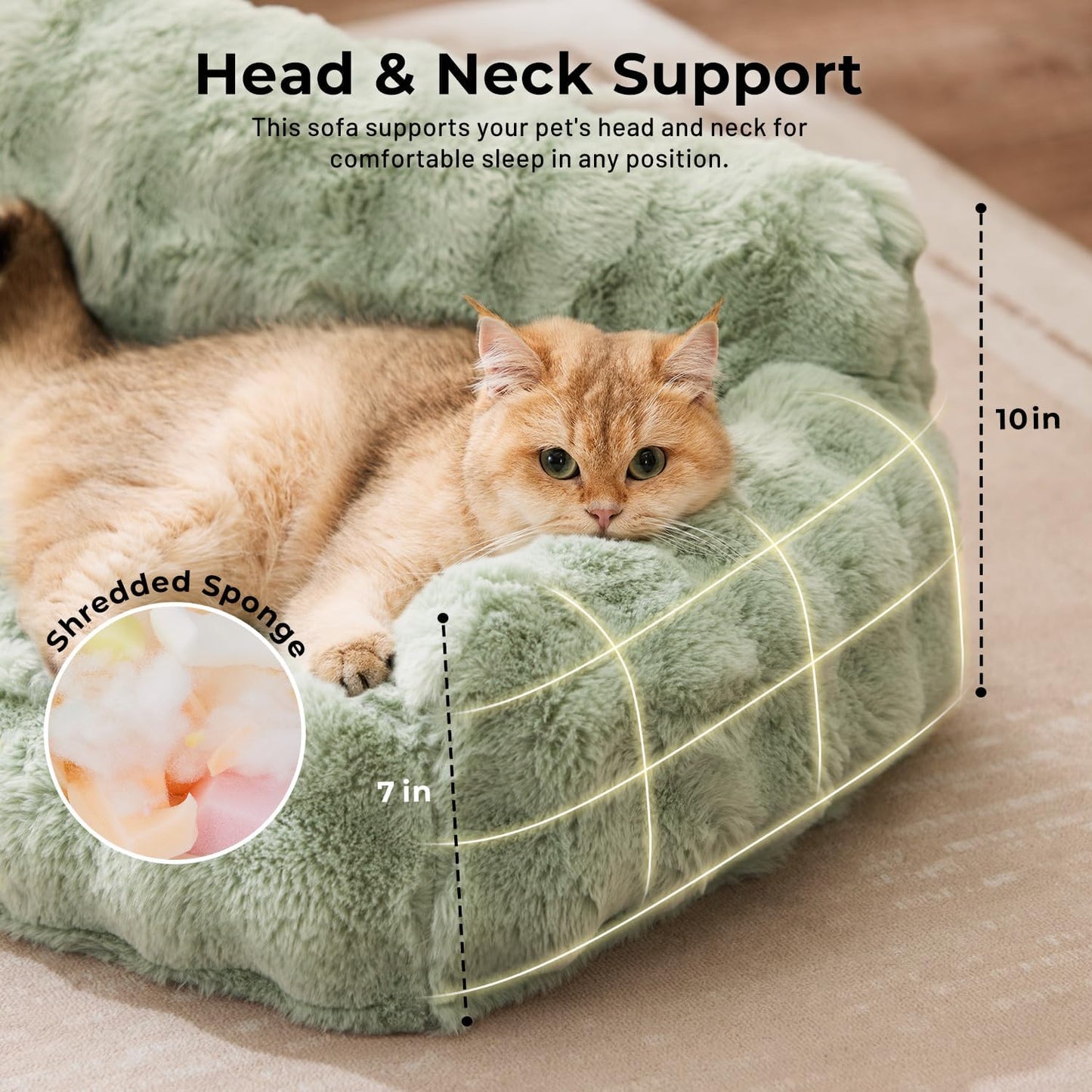 Cat Couch Bed for Indoor Cats - Orthopedic Cat Sofa with Supportive Egg Foam, Fluffy Cute Faux Fur Removable Washable Cover and Non-Slip Bottom, Grey
